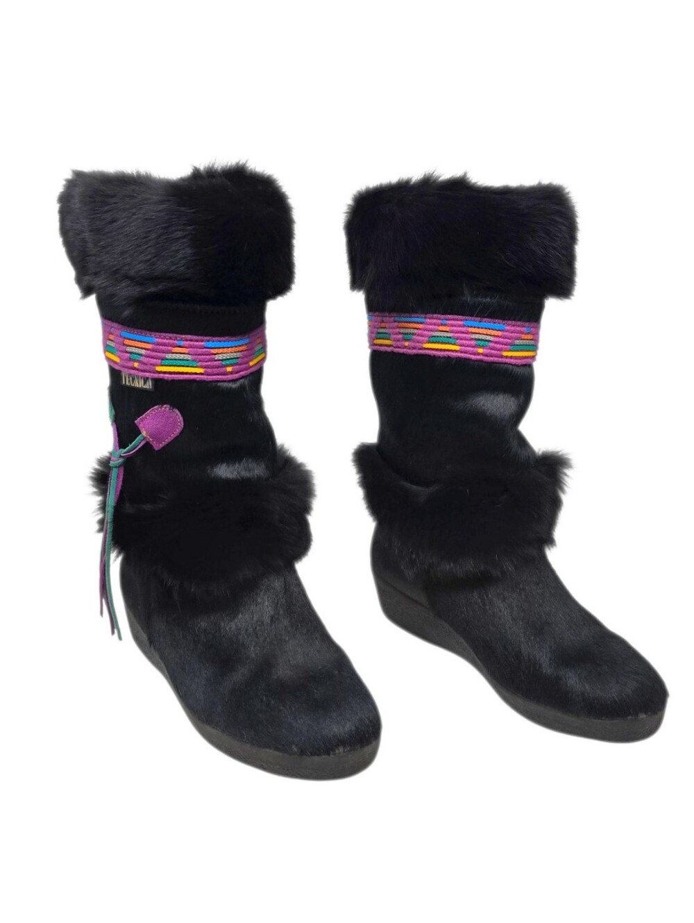 Vintage Tecnica Italy Black Genuine Fur Après Ski Boots US 8.5 Tassels & Cording